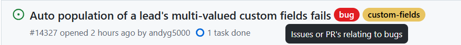 Screenshot of "Issues or PR's relating to bugs" text in the state of hovering a bug issue label on GitHub.